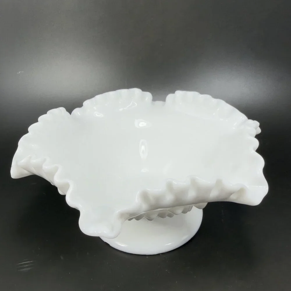 Fenton‎ Hobnail Milk Glass Ruffled Edge Footed Dish Bowl Container White Vintage
